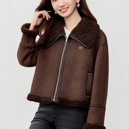 SENTUBILA Women's Faux Suede Coat Plush Lapel Zipper Faux Leather Cropped Jacket 2026 Winter Retro Ladies Outerwear W54PD5913
