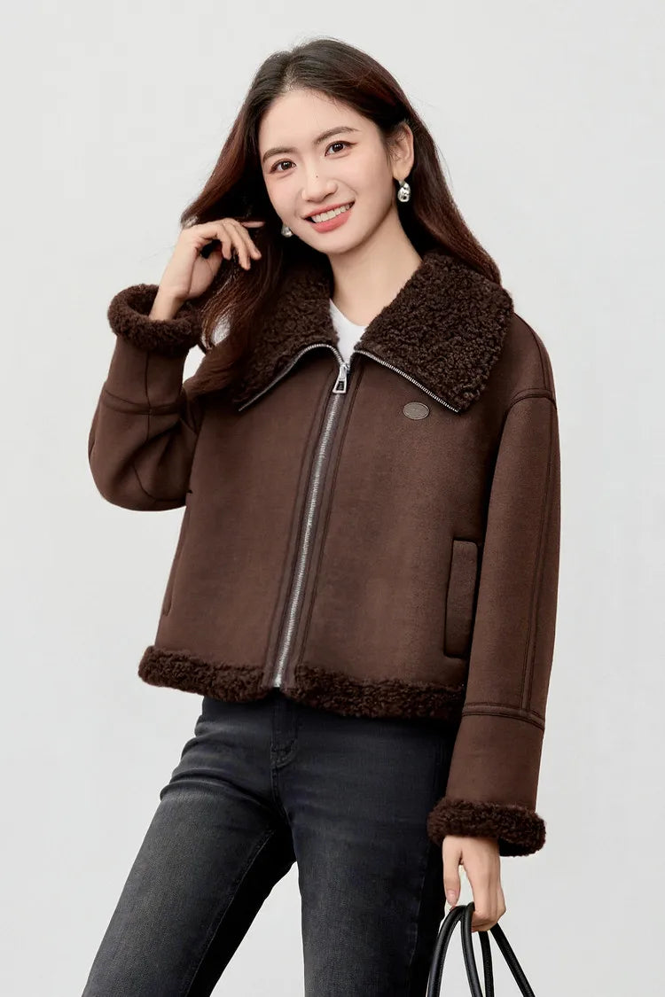SENTUBILA Women's Faux Suede Coat Plush Lapel Zipper Faux Leather Cropped Jacket 2026 Winter Retro Ladies Outerwear W54PD5913