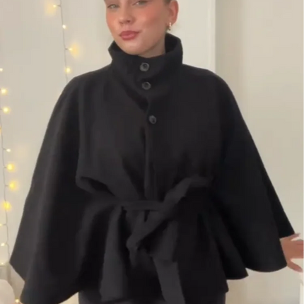 Elegant Wool Blend Cropped Coat With Belt For Women Chic Stand Collar Button Three Quarter Sleeve Jacket 2025 Autumn Outerwear