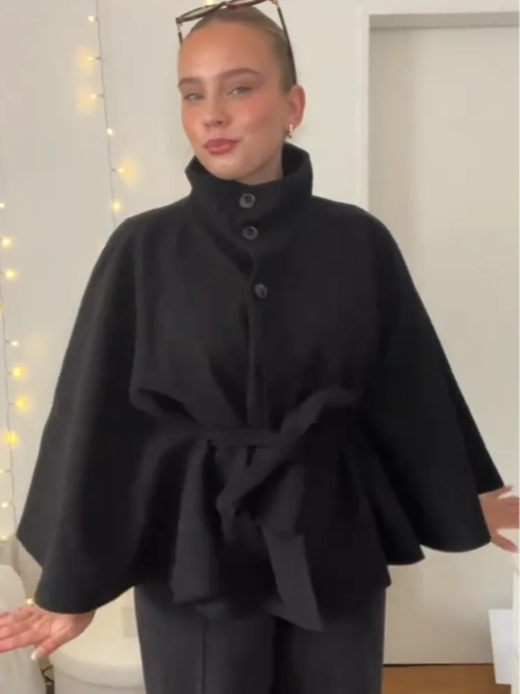 Elegant Wool Blend Cropped Coat With Belt For Women Chic Stand Collar Button Three Quarter Sleeve Jacket 2025 Autumn Outerwear