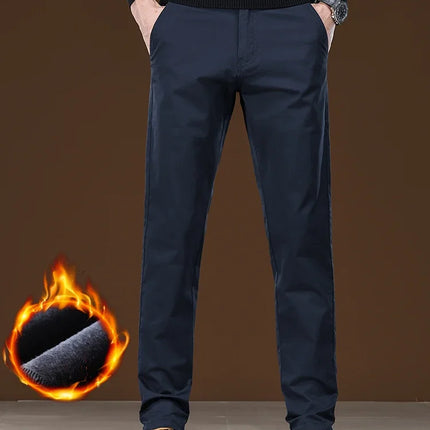 Winter Fleece Men's Casual Pants Business Straight Thick Warmth Fashion Velvet Trousers Classic Solid Color Slim Plush Pants