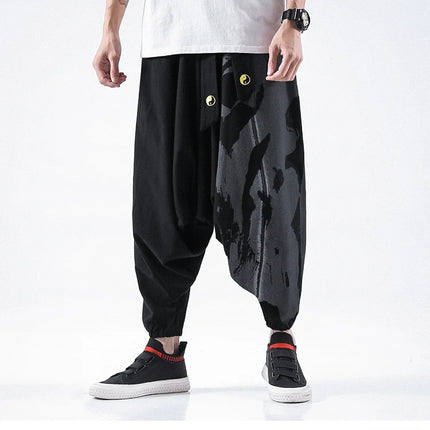 Pantaloni alla moda da uomo Samurai giapponese Ukiyo-e Cintura con stampa Pantaloni stile harem da uomo in cotone e lino Casual Oversize Harajuku Pantaloni a gamba larga da uomo