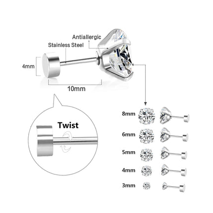 LUXUSTEEL 1Pairs/2Pcs Stainless Steel Crystal Studs Earrings For Women Men 4 Prong Tragus Round Clear Cubic Zirconia Ear Jewelry PlatiNum