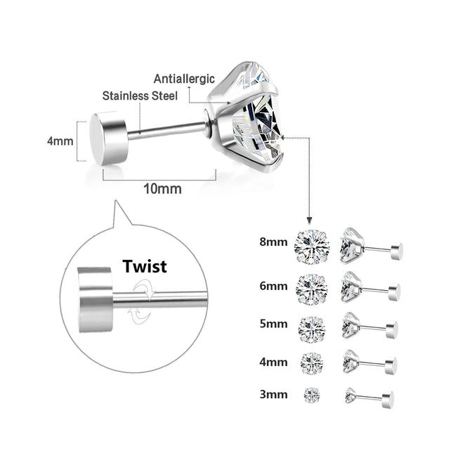 LUXUSTEEL 1Pairs/2Pcs Stainless Steel Crystal Studs Earrings For Women Men 4 Prong Tragus Round Clear Cubic Zirconia Ear Jewelry PlatiNum