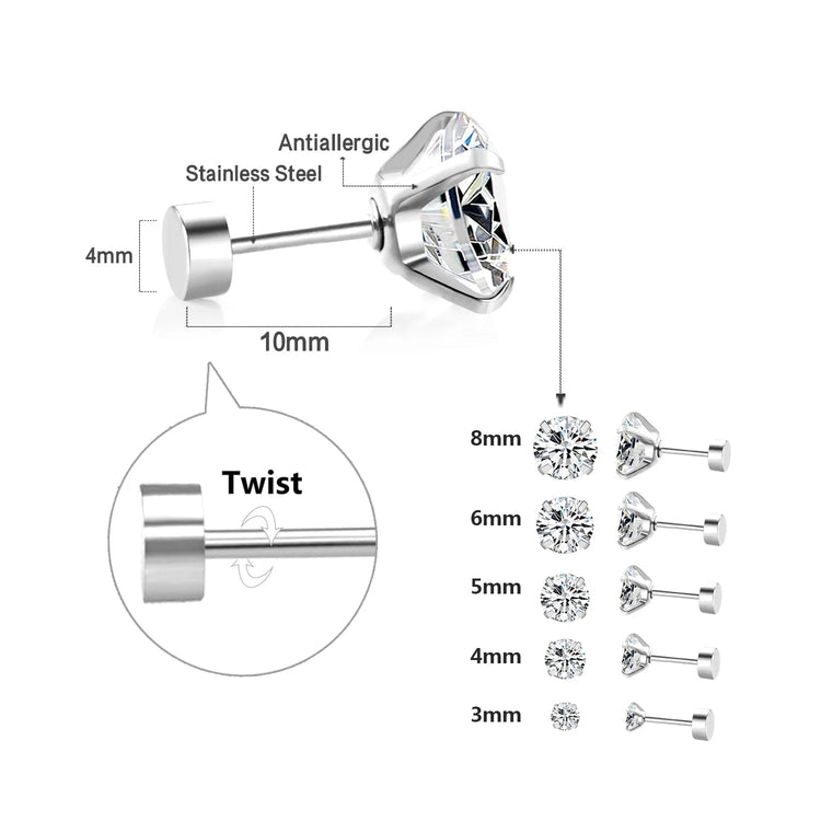 LUXUSTEEL 1Pairs/2Pcs Stainless Steel Crystal Studs Earrings For Women Men 4 Prong Tragus Round Clear Cubic Zirconia Ear Jewelry PlatiNum
