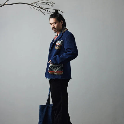 Men's Indigo Multi Pockets Jacket French Retro Blue Dye Lapel Thick Workwear Tooling Cardigan Coat plus Size for Autumn Winter