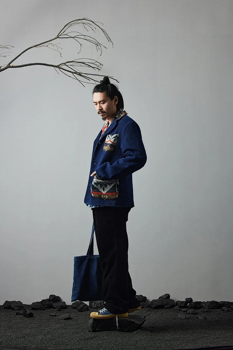 Men's Indigo Multi Pockets Jacket French Retro Blue Dye Lapel Thick Workwear Tooling Cardigan Coat plus Size for Autumn Winter