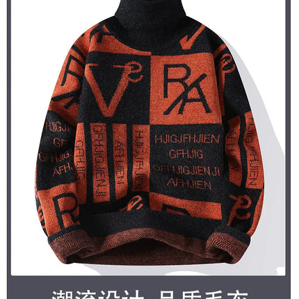 2024 Winter men's flower pattern Sweaters thick O-neck sweater men youth autumn Men's Turtle neck wool Casual Knitwear Pullover