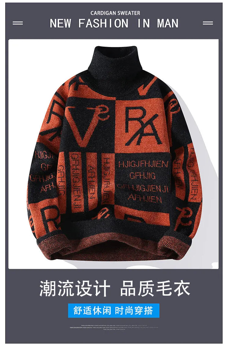2024 Winter men's flower pattern Sweaters thick O-neck sweater men youth autumn Men's Turtle neck wool Casual Knitwear Pullover