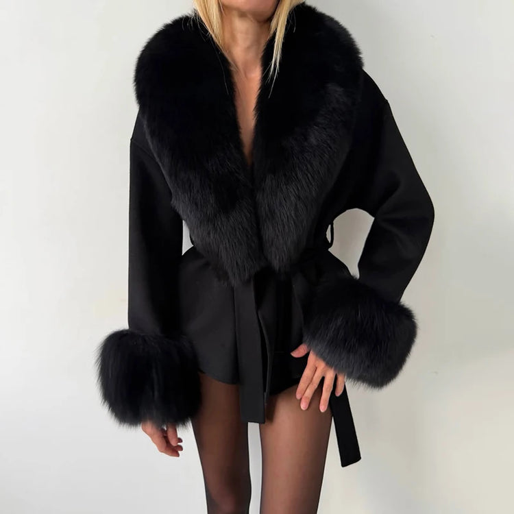 TARUXY Women Luxurious Faux Fox Fur Collar Long Jacket Elegant Solid Long-Sleeved Loose Lace Up Street Warm Coat 2026 Winter New