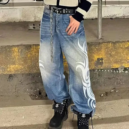 Y2K Street Retro Jeans Donna Pantaloni larghi con stampa totem screziati Moda Hip Hop Trend Coppia allentata Pantaloni larghi a gamba larga dritti americani