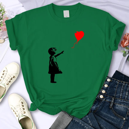 Fly Amore Ballons Imprimés T-shirt Femme Doux et Respirant Manches Courtes Street Hip Hop Tendance Tops Décontractés T-shirt Féminin Vêtements