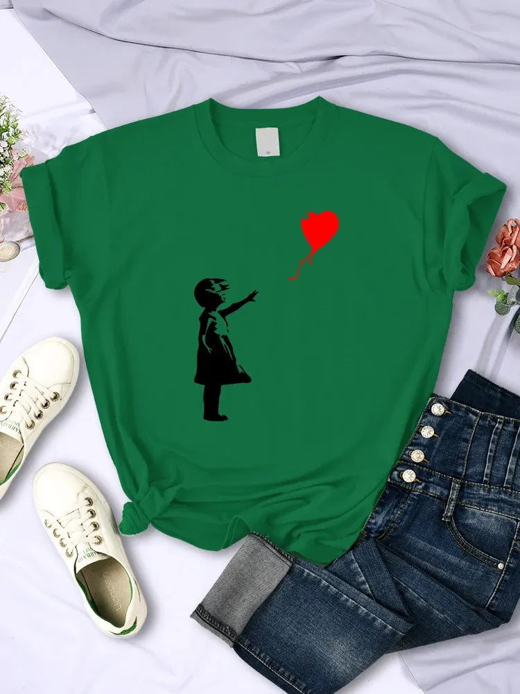 Fly Amore Palloncini Stampe T-shirt da donna Morbida e traspirante Manica corta Street Hip Hop Trend Top Casual T-shirt femminile Abbigliamento
