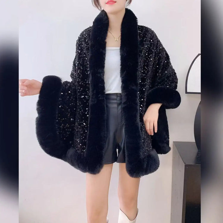 ZADORIN Fashion Sequins Long Furry Warm Faux Fur Coat Woman Autumn Winter Fur Cape Ponch Wedding Party Fur Shawl Cloak Cardigans