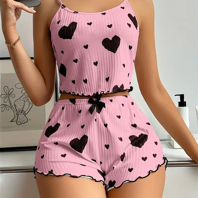 5 Taille Choisissez SML XL 2XL Pyjama femme Ensemble bretelles Vêtements de nuit Gilet + Short Lingerie sexy imprimé cœur rouge