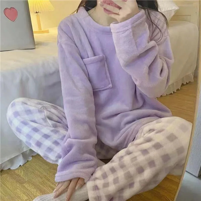 Cute Pajamas Set 2 Pieces Women Sleepwear Warm Winter Thick Coral Fleece Hooded Cartoon Girls Homewear Animal Pajamas Nighties