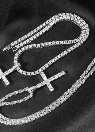 Hip Hop Iced Out Cross Pendant Necklace Strap 4mm Zircon Tennis Chain Men Women Sparkling Necklace Punk Jewelry Fashion Gift PlatiNum
