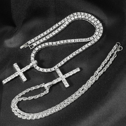 Hip Hop Iced Out Cross Pendant Necklace Strap 4mm Zircon Tennis Chain Men Women Sparkling Necklace Punk Jewelry Fashion Gift PlatiNum