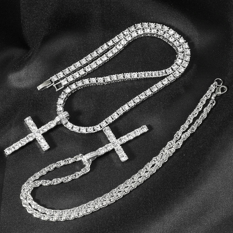 Hip Hop Iced Out Cross Pendant Necklace Strap 4mm Zircon Tennis Chain Men Women Sparkling Necklace Punk Jewelry Fashion Gift PlatiNum