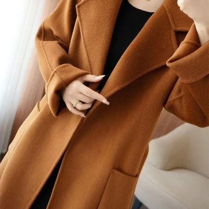 100% Wool Coat Women's Wear 2026 Autumn/Winter Fashion Temperament Double sided Cashmere Coats with Belt Elegant Long Overcoat