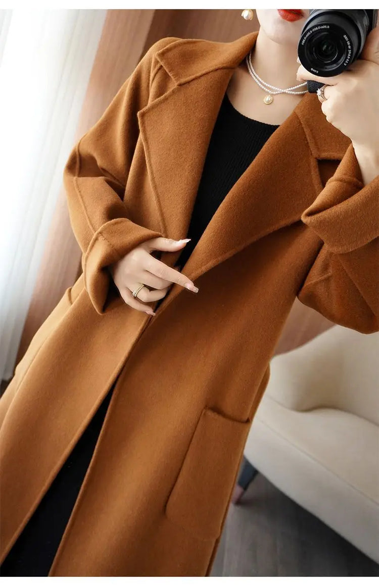 100% Wool Coat Women's Wear 2026 Autumn/Winter Fashion Temperament Double sided Cashmere Coats with Belt Elegant Long Overcoat