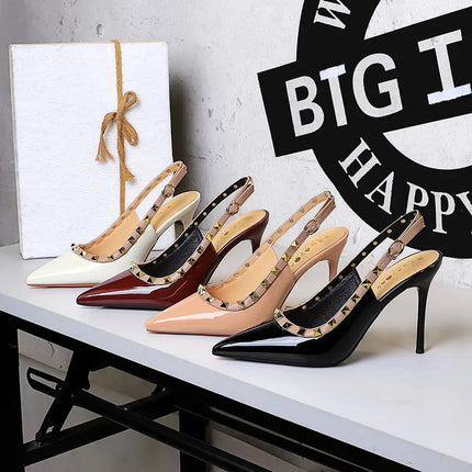 Donne 9.5 cm Tacchi alti Lady Pelle verniciata con borchie Tacco a spillo Singolo cinturino alla caviglia Tacchi Décolleté Scarpe da ballo traspiranti femminili platinumshop