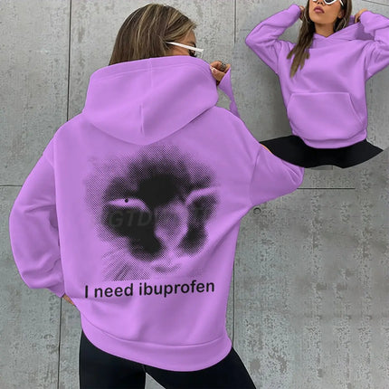 Fun Cat Meme Men Women Hoodies "I Need Ibuprofen" Harajuku Animal Streetwear Long Sleeve Hoody Hip Hop Kitten Hoodie For Male
