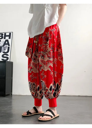 Men's Summer Pants 2026 Lightweight Thin Cotton Comfortable Beach Trousers, Loose Casual Hip Hop Printed Pants, Fashion Oversized Jogger Pants