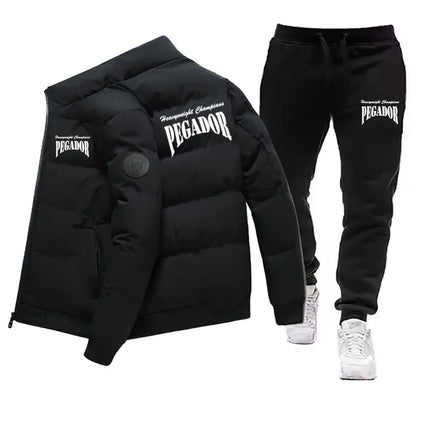 Men's Winter Warm Cotton Jacket+Drawstring Pants Set New Fashionable Casual Sports Pike Down Outdoor Windproof Jacket Set PlatiNum