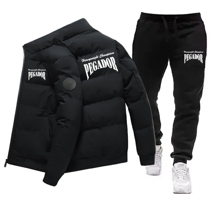Men's Winter Warm Cotton Jacket+Drawstring Pants Set New Fashionable Casual Sports Pike Down Outdoor Windproof Jacket Set PlatiNum