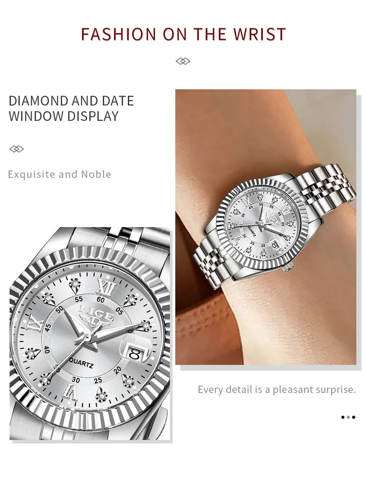 Orologio da Polso LIGE di Lusso con Strass per Donna, Cinturino in Acciaio Inossidabile, Movimento al Quarzo, Regalo, Reloj Mujer platinumshop