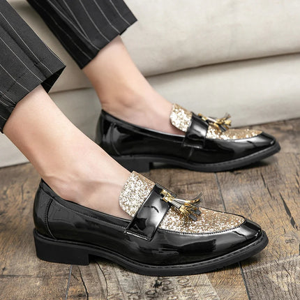 Mocassini di Lusso da Uomo con Tacco Basso, Slip-on Casual in Pelle Dorata, Scarpe da Festa con Nappe, Scarpe Eleganti da Uomo, Scarpe con Plateau da Uomo