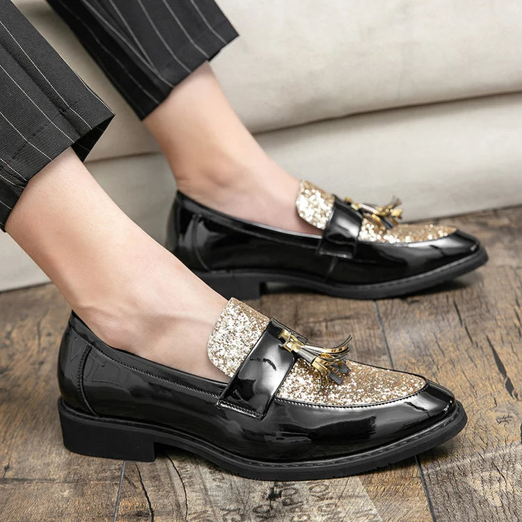 Mocassini di Lusso da Uomo con Tacco Basso, Slip-on Casual in Pelle Dorata, Scarpe da Festa con Nappe, Scarpe Eleganti da Uomo, Scarpe con Plateau da Uomo