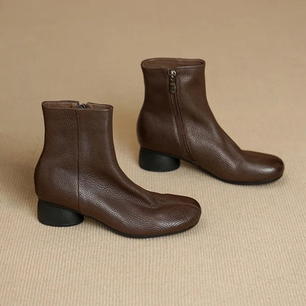 Women's Shoes Sheepskin Round Toe Side Zip 2027 Autumn Ankle Boots 4.5cm Thick Med Heel High Quality Soft Casual Short Booties