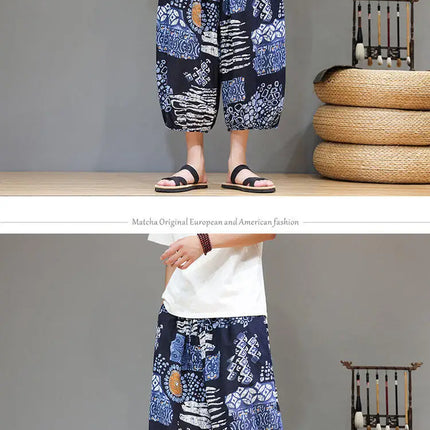 Pantaloncini da uomo estivi Pantaloni larghi casual comodi in cotone Pantaloni tradizionali al polpaccio retrò Pantaloncini traspiranti da uomo Streetwear