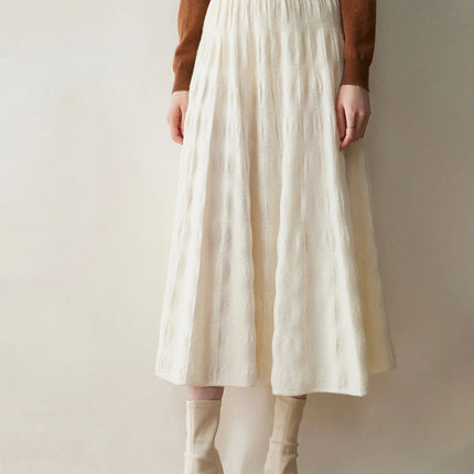 Women Cashmere Skirt A-Line Jacquard Elastic Waist Flared Skirt Autumn Winter 100% Cashmere Knitted Office Lady Curled Hem Dress PlatiNum