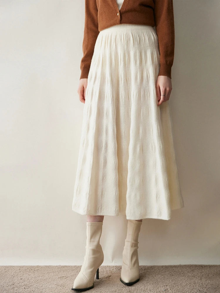 Women Cashmere Skirt A-Line Jacquard Elastic Waist Flared Skirt Autumn Winter 100% Cashmere Knitted Office Lady Curled Hem Dress PlatiNum