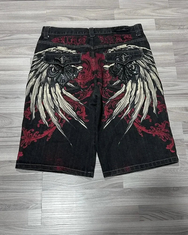 Y2K New American Fashion Pattern Letter Embroidery Baggy Denim Shorts Women Street Vintage Hip Hop Casual Shorts Women Clothing PlatiNum