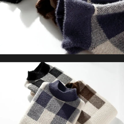 2023 Winter/Autumn Mink velvet High-Quality Fashion Trend Plaid Pattern Sweater Men Casual Loose Warm Sweaters Men Comfortable