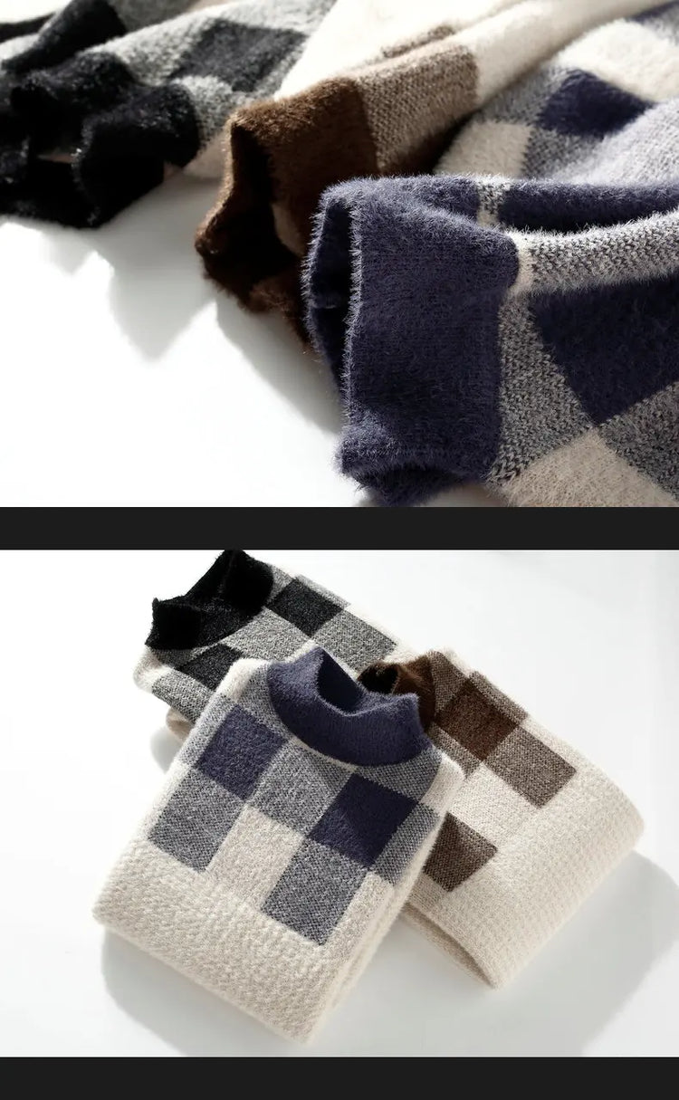 2023 Winter/Autumn Mink velvet High-Quality Fashion Trend Plaid Pattern Sweater Men Casual Loose Warm Sweaters Men Comfortable
