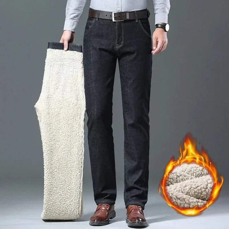 2026 New Plush Lined Business Male Trousers Winter Lamb Fluff Jeans Men Straight Denim Pants Thicken Fleece Warm Stretch Jeansy