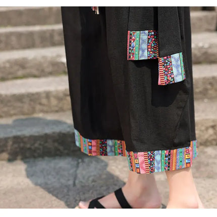 Pantaloncini kimono giapponese Costume da samurai in lino da uomo Ukiyo-e Cintura con stampa Pantaloni a gamba larga Retro Haori Pantaloni casual larghi Harajuku da uomo