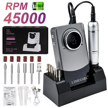 LIMEGIRL Portable Electric Nail Drill File 45000 RPM Rechargeable Electric Nail File Machine Kit for Acrylic Gel Nails Polishing Removing