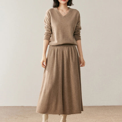 Women's 100% Pure Cashmere Skirt Autumn Winter Mid-calf A-line Knitted Full Skirt High Waist Soild Dress Elegant Basic High-end PlatiNum