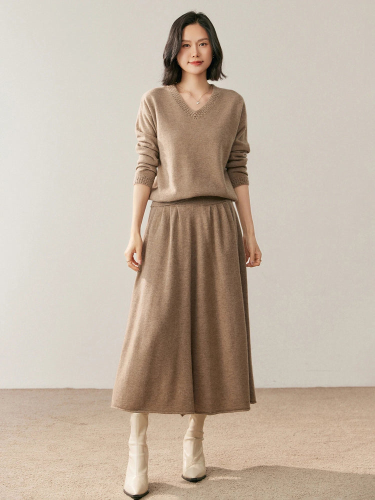 Women's 100% Pure Cashmere Skirt Autumn Winter Mid-calf A-line Knitted Full Skirt High Waist Soild Dress Elegant Basic High-end PlatiNum