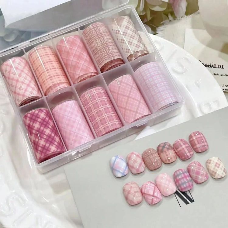 10Pcs Pink Grid Pattern Nail Foil Transfer Paper Cowboy Style Manicure Stickers For DIY Nail Art Decor