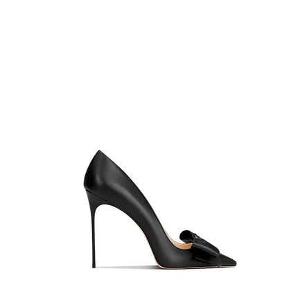Eleganti scarpe con tacco a spillo a punta con fiocco beige da donna in vera pelle 2025 autunno