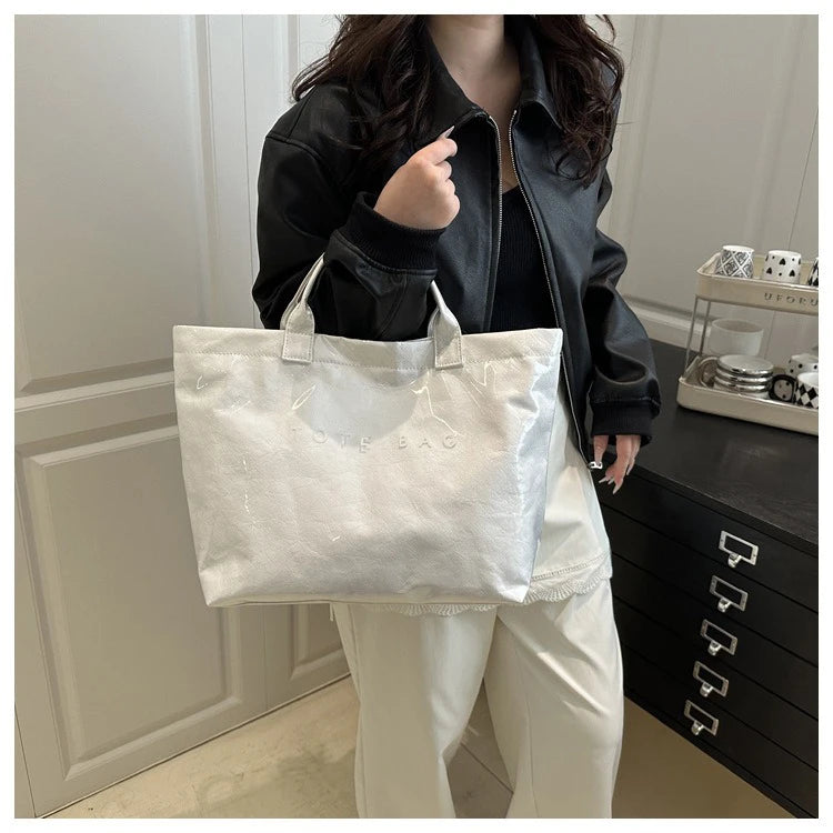 Tote Bag, Retro Letter, Casual Versatile Handbag, Minimalist Transparent, Simple, Commuter, Large-capacity Bag for Women PlatiNum