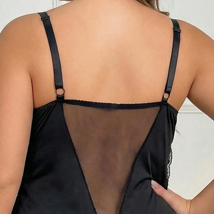 Babydoll in Raso Nero Taglie Forti con Pizzo e Rete Trasparente, con Ferretto e Push-Up, Arricciato, per Serate Romantiche, Luna di Miele, San Valentino