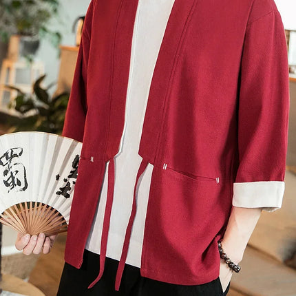 Nuova Camicia Uomo Kimono Giapponese in Cotone e Lino, T-shirt Comoda e Traspirante, Costume da Samurai Tradizionale, Camicia Casual Haori per Uomo